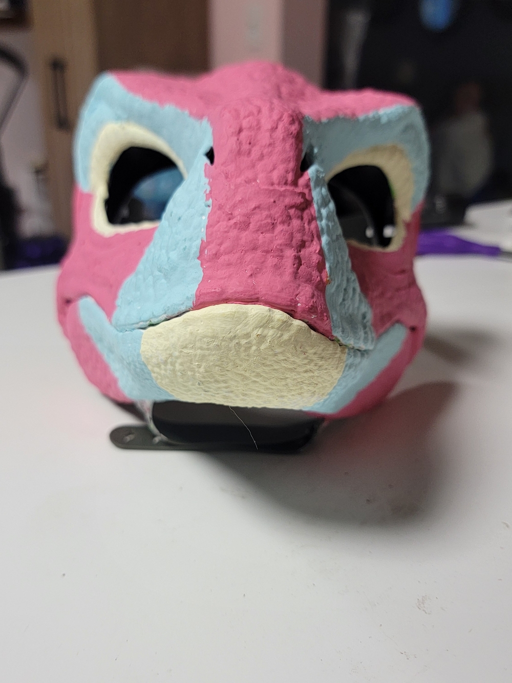 Pink,cream, And Light Blue Acrylic Painted Jurassic Dino Mask.